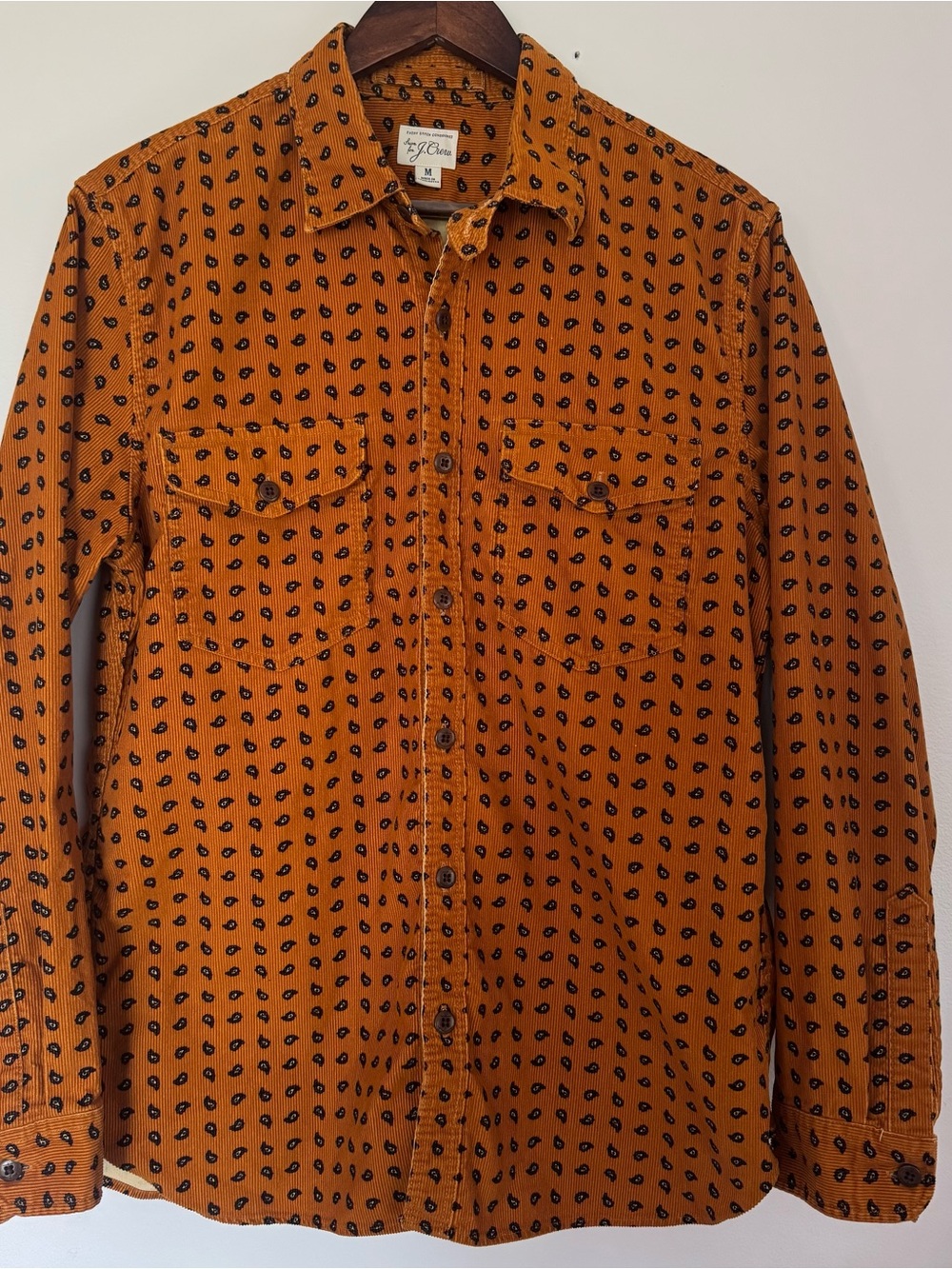 J. Crew Rust Orange Corduroy Button-Up with Navy Paisley Print